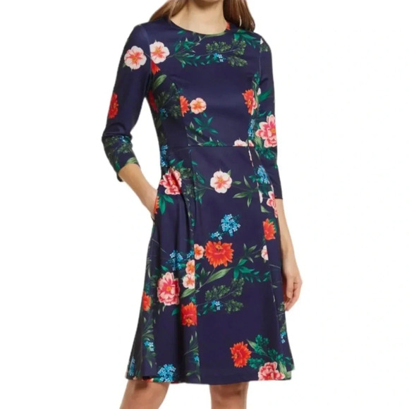 Eliza J Floral Fit & Flare Jersey Knit Dress in Navy Size 4 NWT - Picture 1 of 13